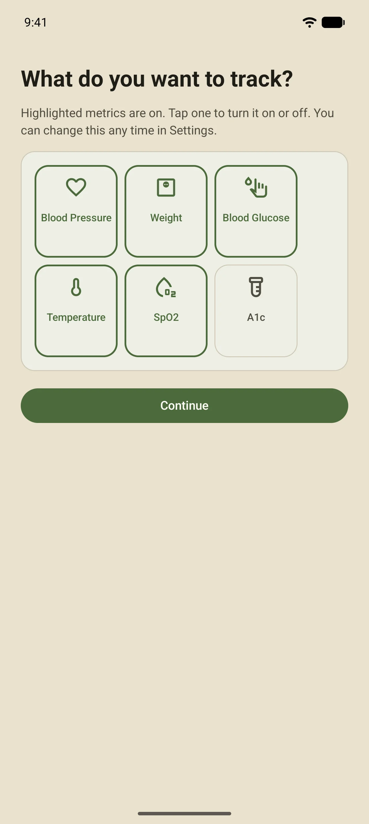 First-run metric picker: the user chooses which of six metrics to track